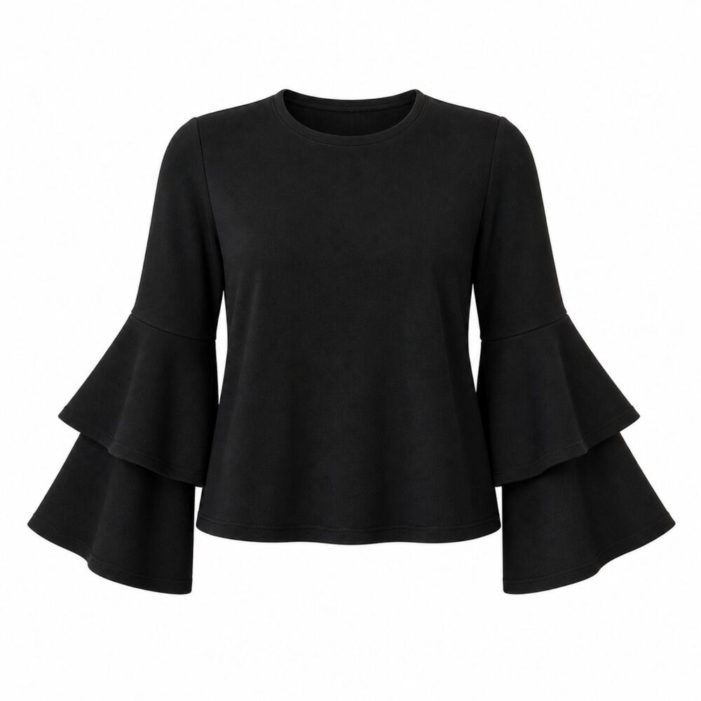 Anthropologie Eri & Ali Tiered Ruffle Top Shirt Womens Medium Black Bell Sleeve